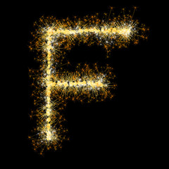 Bengal lights golden glittering sparks leters set. Vector shining golden figures of sparkles and stars on black background.