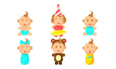 Cute Little Baby Character Set, Adorable Boy or Girl Daily Routine Vector Illustration