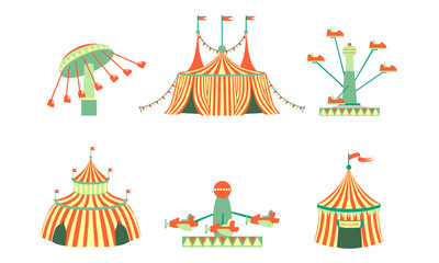 Amusement Park Icons Set, Carnival, Festival Funfair Attractions, Marquee, Carousels Vector Illustration