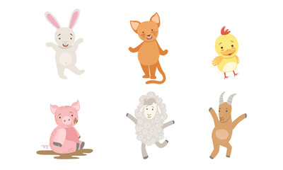 Cute Smiling Animals Set, Happy Chicken, Bunny, Cat, Pig, Sheep, Goat Vector Illustration