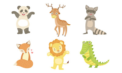 Cute Smiling Animals Set, Happy Panda, Deer, Raccoon, Fox, Lion, Crocodile Vector Illustration