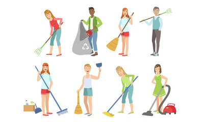 People Cleaning, Gathering Waste for Recycling, Doing Housework, Young Man and Woman with Cleaning Equipment Vector Illustration