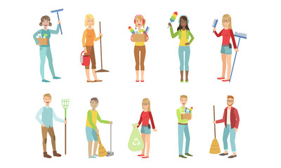 Fototapeta na wymiar Young Man and Woman with Cleaning Equipment Set, People Cleaning, Gathering Waste, Doing Housework Vector Illustration