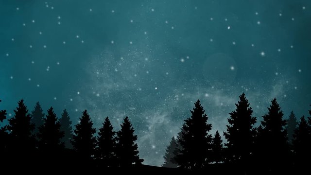 Night background with forest and sky with moving stars parallax animation, blue, red, purple, pink 