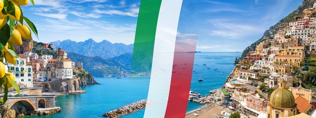 Panoramic collage with flag of Italy and resort towns Atrani and Positano in Amalfi coast,...