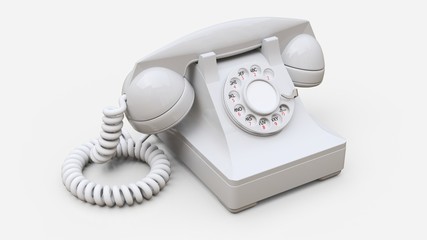Old white dial telephone on a white background. 3d illustration.