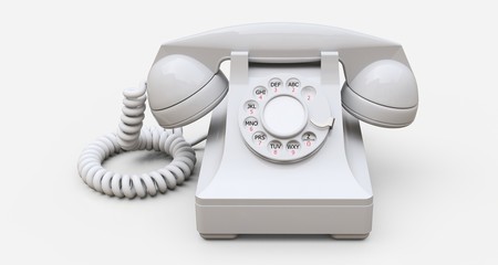 Old white dial telephone on a white background. 3d illustration.