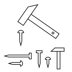 Hammer and nails icon set, black line icons isolated on white background, vector illustration.