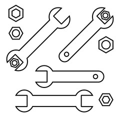 Wrench tighten the nut, wrenches and nuts set, black line icons isolated on white background, vector illustration.