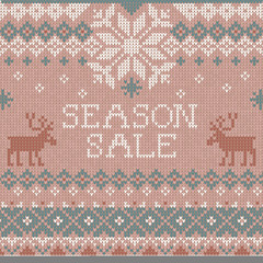 Fototapeta na wymiar Vector illustration Handmade knitted background pattern Season Sale, reindeers, snowflakes