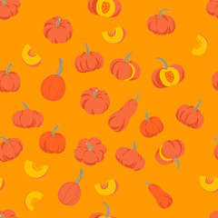 Small flat colored vintage pumpkins on orange background seamless pattern