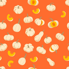 Fototapeta na wymiar Flat colored vintage pumpkins on orange background seamless pattern