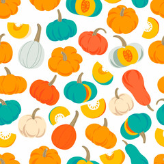 Colorful various vintage pumpkins on white background seamless pattern