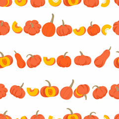 Various orange vintage pumpkins in line on white background seamless pattern