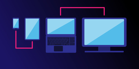 Cross-platform web content. Devices - a smartphone, tablet, laptop and desktop computer with a line passing through them, combining. Flat vector illustration. Multi-platform content.