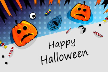 Happy Halloween. Vector illustration pumpkin with smiling face , candy and lollipops. Template for design of flyers, posters, greeting cards and banners.
