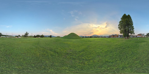 Gyeongju, South Korea 26 August 2019: Daereungwon Ancient Tomb Complex_360 Degrees Panoramic view....