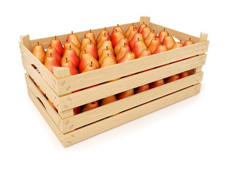 Ripe pears in a wooden crates. 3d illustration
