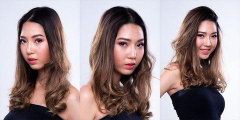 Collage Group Pack Portrait of Fashion Asian Woman brown curl hair beautiful high fashion make up black vast smile look. Studio Lighting gray Background copy space text logo