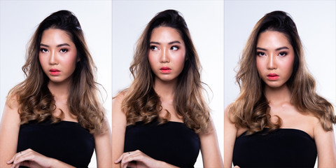 Collage Group Pack Portrait of Fashion Asian Woman brown curl hair beautiful high fashion make up...