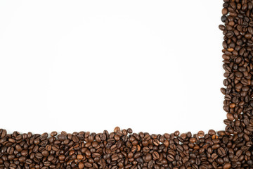 Coffee beans frame with beans at the bottom and right side on a white background