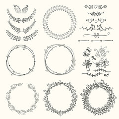 Collection of hand drawn laurels and wreaths. Floral wreath with copy space for text. wedding or invitation card design element. Swirls, frames, arrows, leaves,  dividers, branches, banners and curls.
