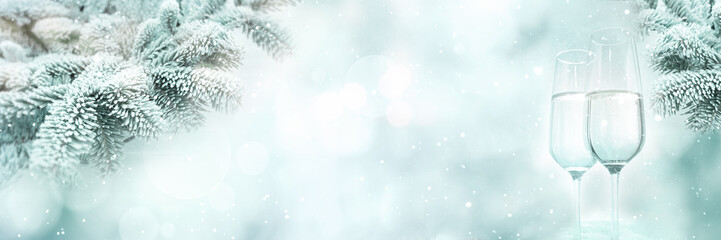 Winter scene background with champagne