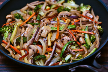 auted Chopped Vegetables in Juliana: Zucchini, Onions, Eggplant, Carrots, Mushrooms and Broccoli inside an professional anodized nonstick aluminum skillet over a vintage wooden surface.