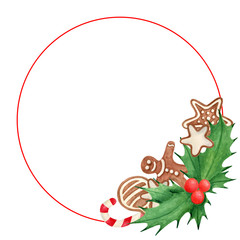 Watercolor Christmas round frame. Hand drawn traditional cookies, gingerbread man, star with icing sugar, holly leaves and berries, candy cane. Decoration for holiday, cards, wrapping paper.