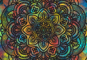 Abstract mandala graphic design and watercolor digital art painting for ancient geometric concept background