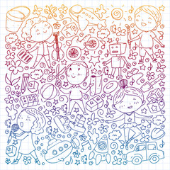 Painted by hand style pattern on the theme of childhood. Vector illustration for children design. Drawing by pen on squared notebook.