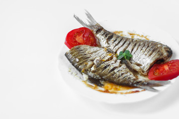 two raw fish on a white plate