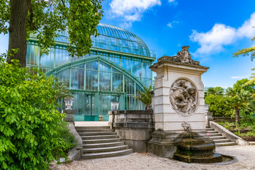 Paris, the Auteuil greenhouses, beautiful public garden and fountain in spring