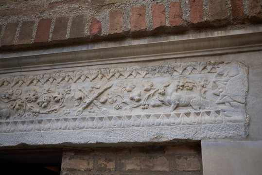 Ravenna, Italy - August 14, 2019 : Details of Mausoleum of Galla Placidia entrance