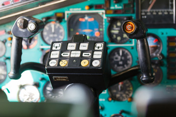 A inside view of the dashboard in helicopter pilot cabin - pilot wheel