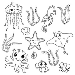 set of cute sea creatures for baby coloring book, adorable kawaii cartoon drawn ocean animals, editable black and white vector illustration