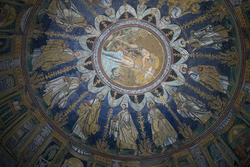 Fototapeta na wymiar Ravenna, Italy - August 14, 2019 : View of Battistero Neoniano ceiling