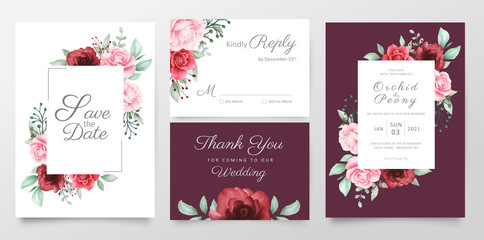 Fototapeta na wymiar Elegant floral wedding invitation cards template set watercolor flowers decoration