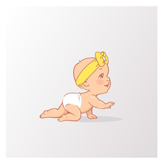 Cute little baby boy or girl in diaper crawling.