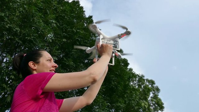 Drone Is taking off from woman's Hands to the sky