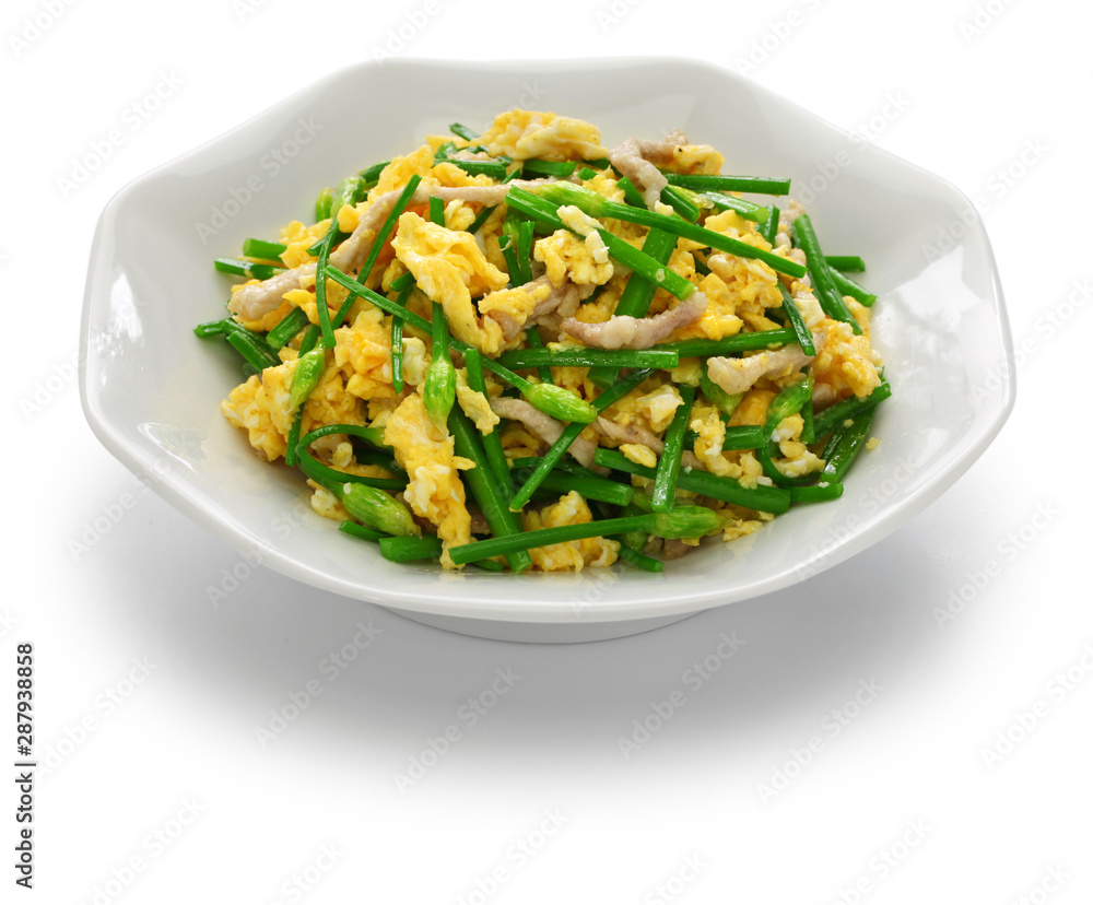 Wall mural stir fried flowering garlic chives with eggs, chinese cuisine