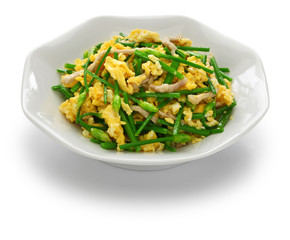 stir fried flowering garlic chives with eggs, chinese cuisine