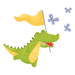 Humanized crocodile catches butterflies. Vector illustration on a white background.