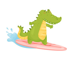 Cute green humanized crocodile surfer. Vector illustration on a white background.