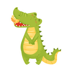 Naklejka premium Cute humanized crocodile with a yellow bird. Vector illustration on a white background.