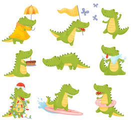 Obraz premium Set of cute humanized crocodiles in different situations. Vector illustration on a white background.