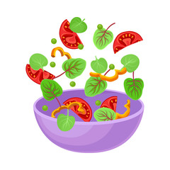 Purple bowl with slices of vegetables. Vector illustration on a white background.