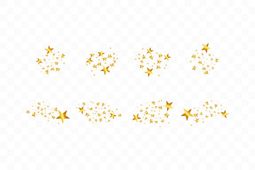 Set of golden falling stars. Cloud of golden stars isolated on transparent background. Vector illustration. Meteoroid, comet, asteroid, stars