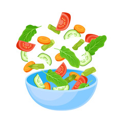 Light blue bowl with slices of tomatoes and cucumbers. Vector illustration on a white background.
