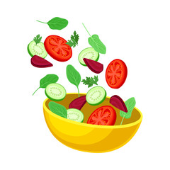 Yellow bowl with slices of vegetables. Vector illustration on a white background.